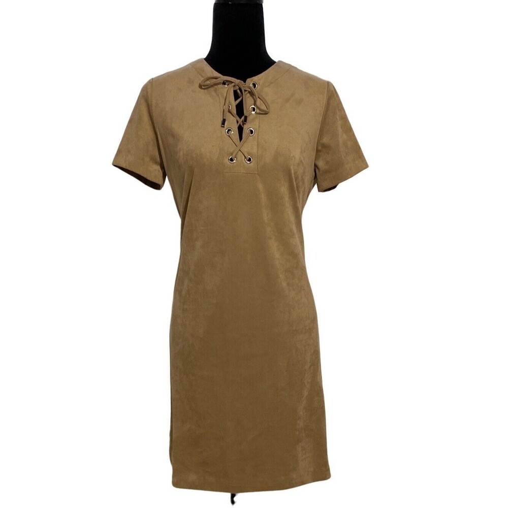 Jessica Howard 8 Dress Shift‎ Faux Suede Lace Up Brown Tan Soft Machine Washable